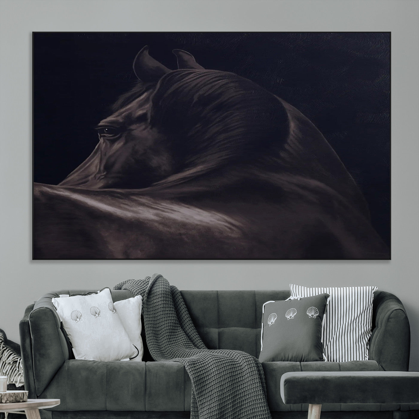 Close-up of a black horse with dramatic lighting on a dark background, perfect for rustic or masculine home decor.