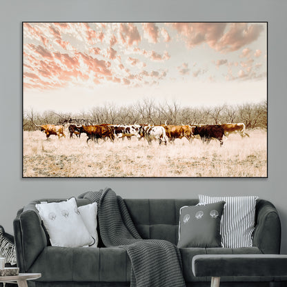 Cattle herd in a soft-toned field under a pastel pink sky, creating a peaceful rustic feel, perfect for farmhouse or western-themed spaces.