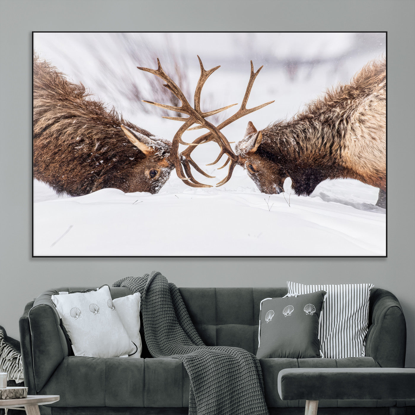 Two elk clashing antlers in a snowy forest, capturing raw power and wild energy, ideal for rustic cabin or lodge-style decor.