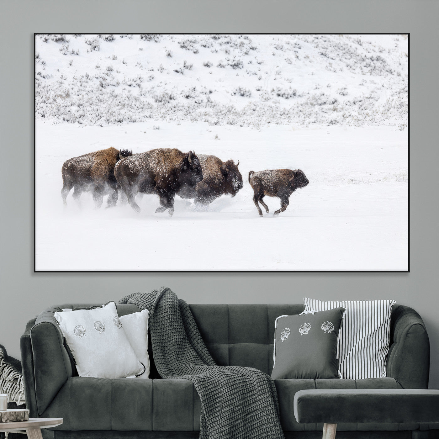 Bison herd running through a snowy open field with mountain backdrop, perfect for rustic or western-themed wall decoration.