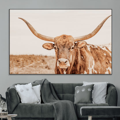 A longhorn bull standing proudly in a sunlit desert field with warm neutral tones, ideal for rustic western or farmhouse interiors.