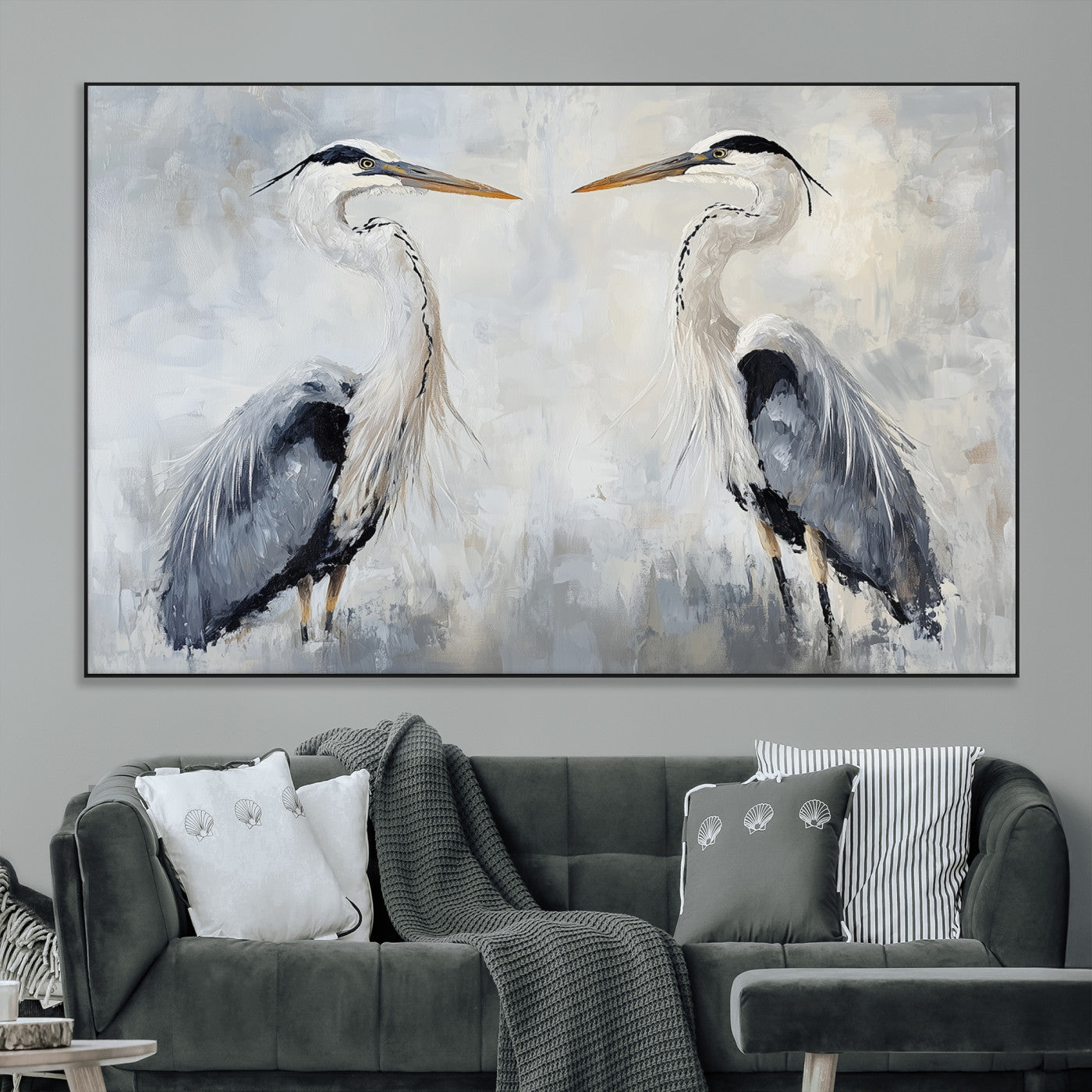 Two herons facing each other on a soft-toned background with blue-grey feathers, perfect for tranquil, coastal or nature-themed interiors.