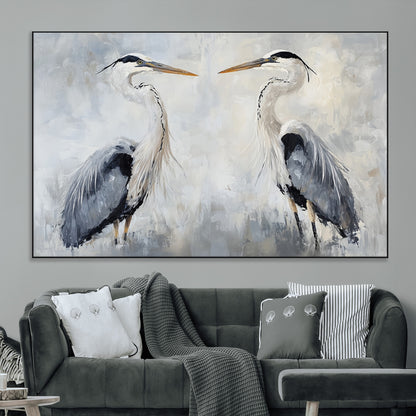 Two herons facing each other on a soft-toned background with blue-grey feathers, perfect for tranquil, coastal or nature-themed interiors.
