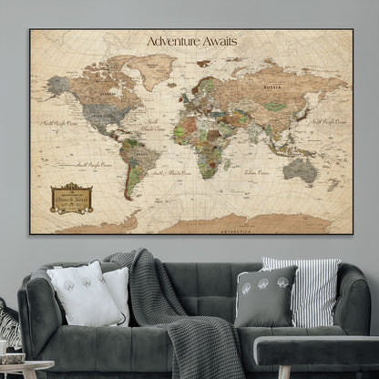 Custom Push Pin World Map Wall Canvas Print – Personalized Travel Tracker with Pins – Framed Custom Quotie Canvas for Home Office Decor