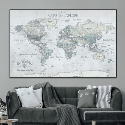 Custom Push Pin World Map Wall Canvas Print – Personalized Travel Tracker with Pins – Framed Custom Quotie Canvas for Home Office Decor