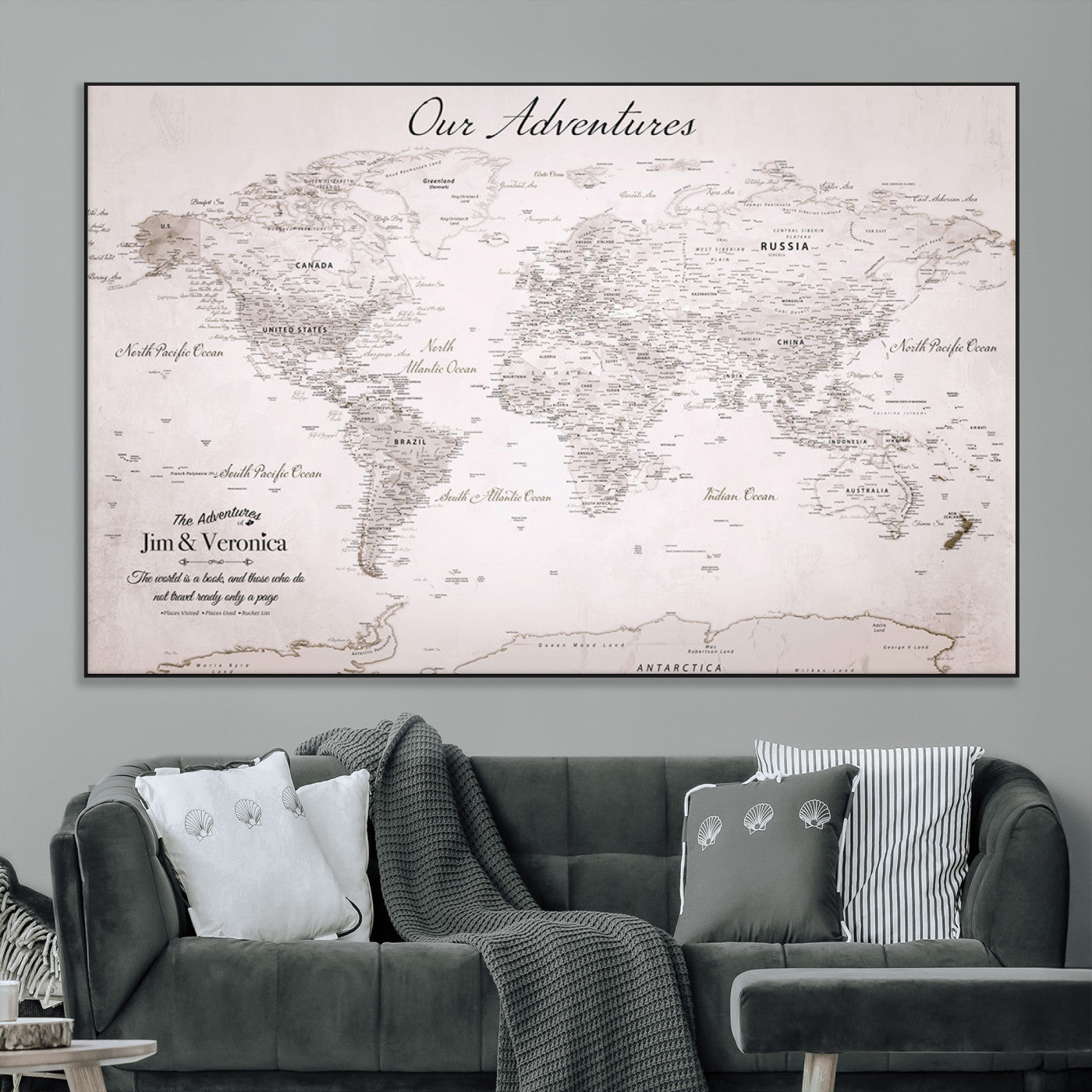 Customize Push Pin World Map Wall Canvas Print – Personalized Travel Map with Foam Pins – Framed Custom Quotie Canvas for Home Office Decor
