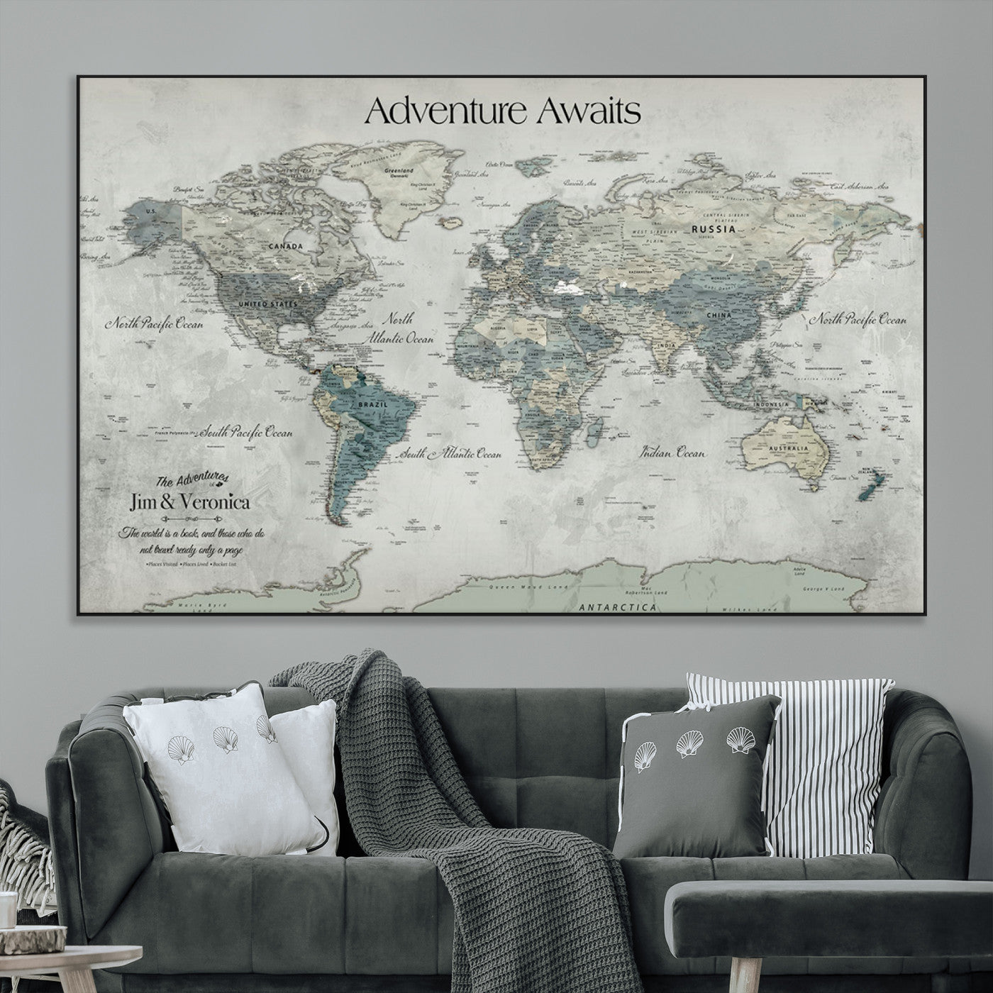 Customize Push Pin World Map Wall Canvas Print – Personalized Travel Tracker with Pins – Framed Custom Quotie Canvas for Home Office Decor