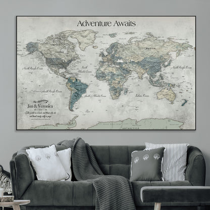 Customize Push Pin World Map Wall Canvas Print – Personalized Travel Tracker with Pins – Framed Custom Quotie Canvas for Home Office Decor