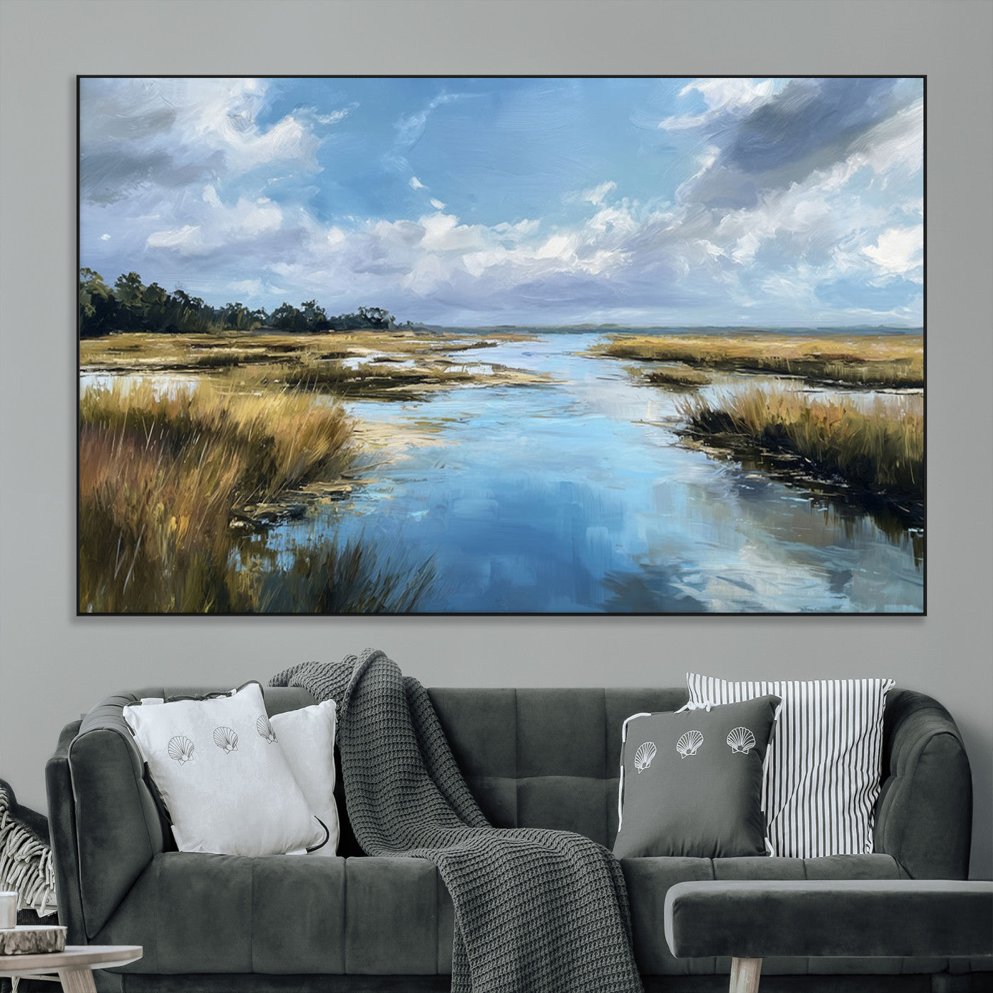 A beautiful, painterly landscape of a calm river winding through a marsh, with vibrant green grasses and a bright blue sky filled with fluffy clouds.