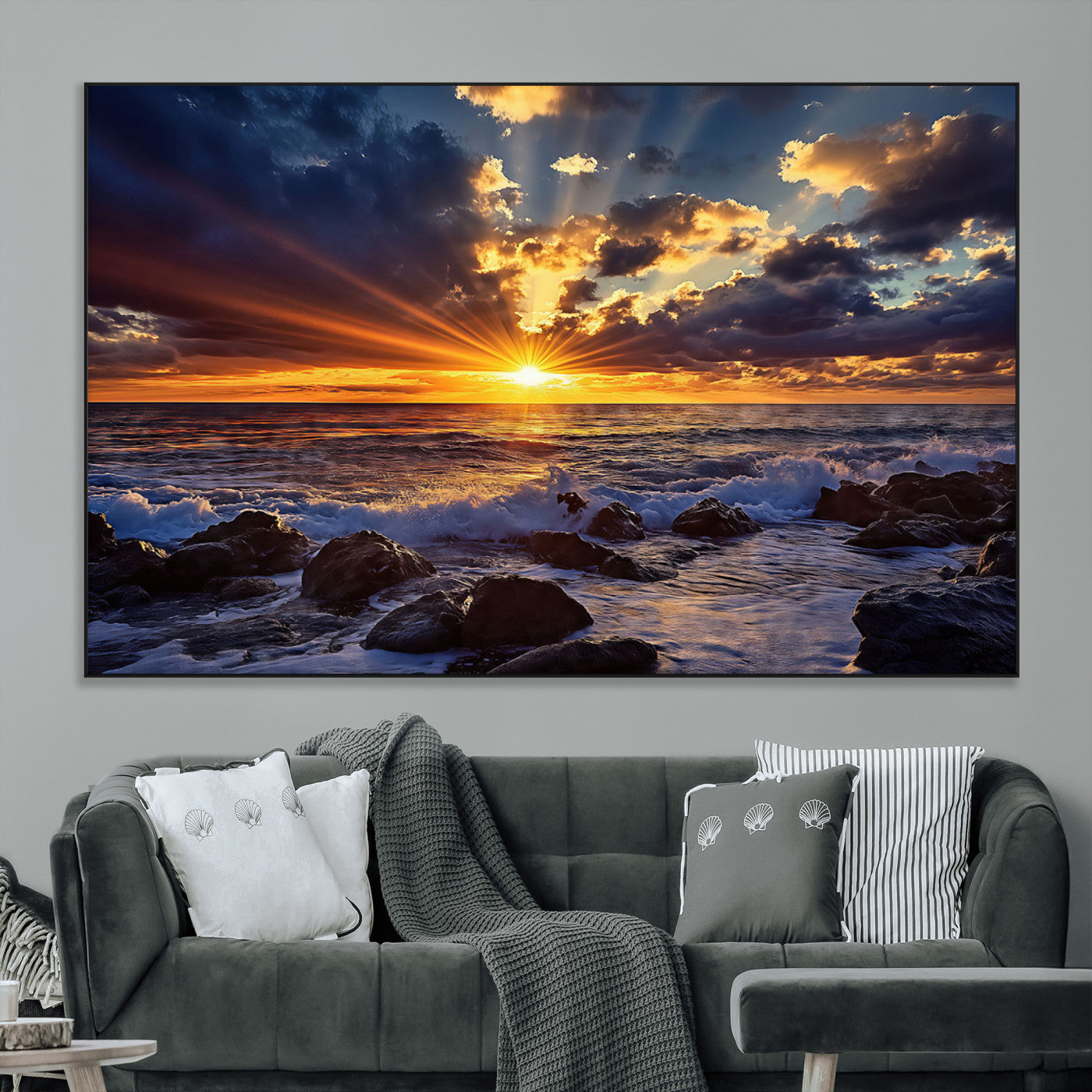 An explosive sunset over the ocean with dramatic clouds and rays of sunlight reflecting off the water, creating a vibrant and captivating view.