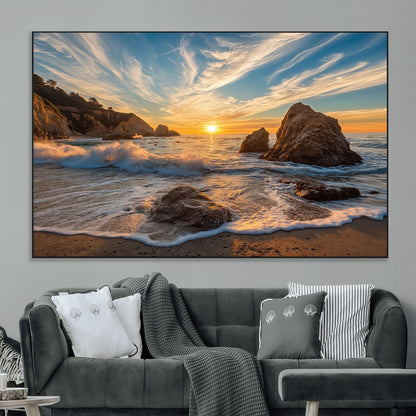Rocky Ocean Sunset Wall Art Print, Seaside Canvas Wall Art, Dramatic Seascape Canvas Print for Coastal Modern Decor, Ocean Sunset Art Printing