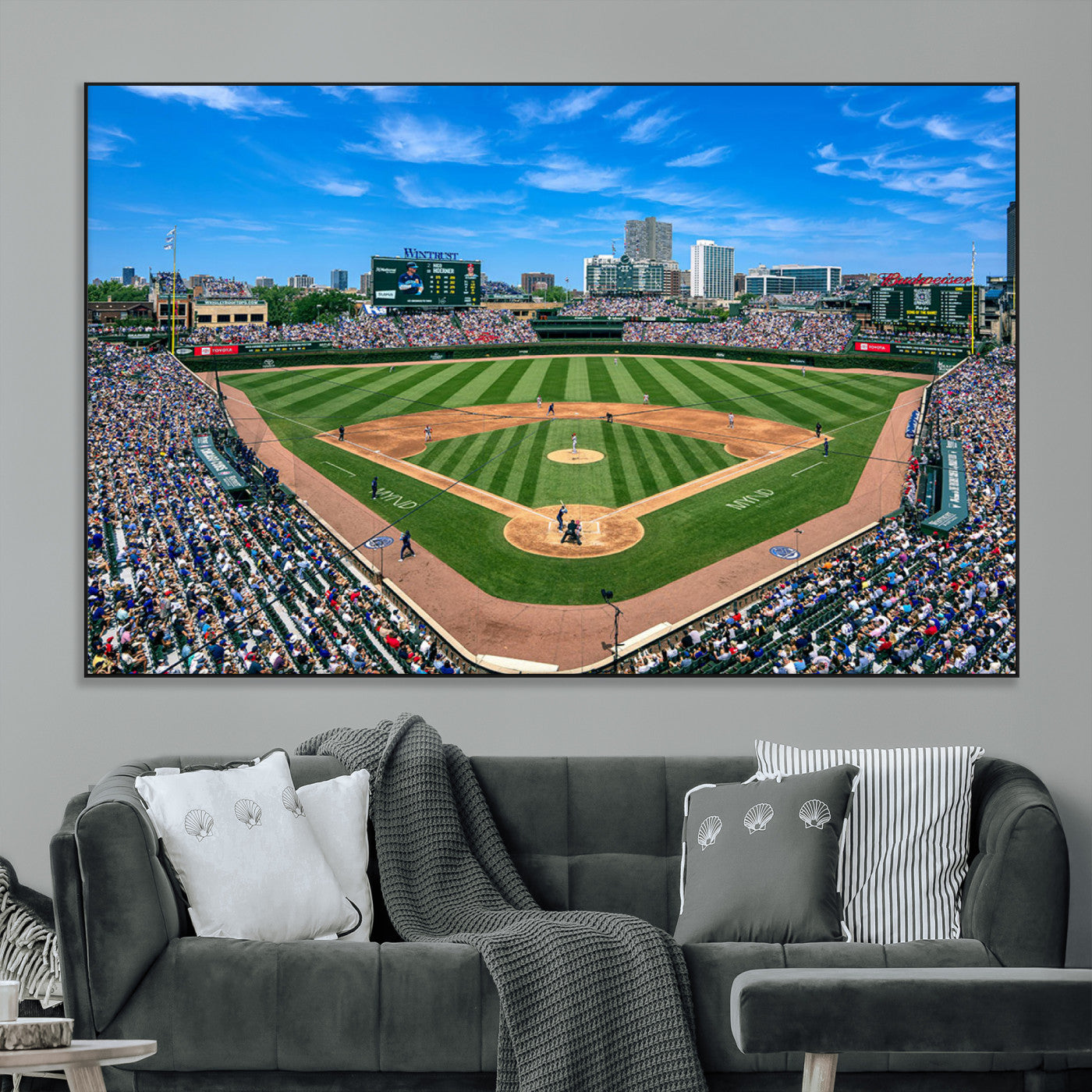 Wrigley Field Baseball Stadium Canvas Wall Art, Packed Crowd Sports Stadium Print, City Skyline Baseball Field Canvas for Game Room Decor