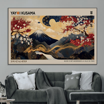 Yayoi Kusama's artwork featuring Mount Fuji, blooming cherry trees, and intricate swirls, blending traditional Japanese elements with vibrant color.
