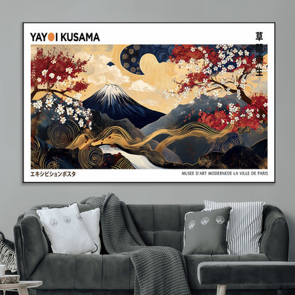 An artwork by Yayoi Kusama featuring Mount Fuji, blooming cherry blossoms, and swirling patterns in a harmonious blend of nature and art.
