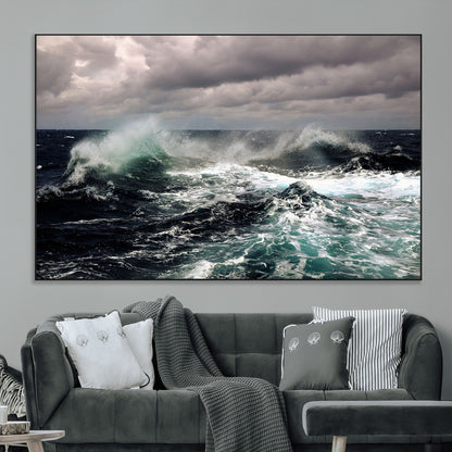 Powerful ocean waves crashing under stormy skies, creating a dynamic and intense seascape.