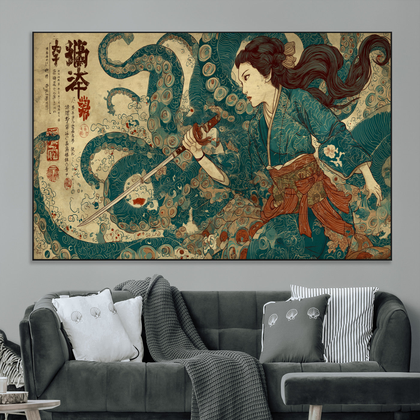 Tsukioka Yoshitoshi Samurai Wall Art Print, Japanese Katana Warrior Canvas Wall Art, Octopus Sea Monster Canvas Print,
