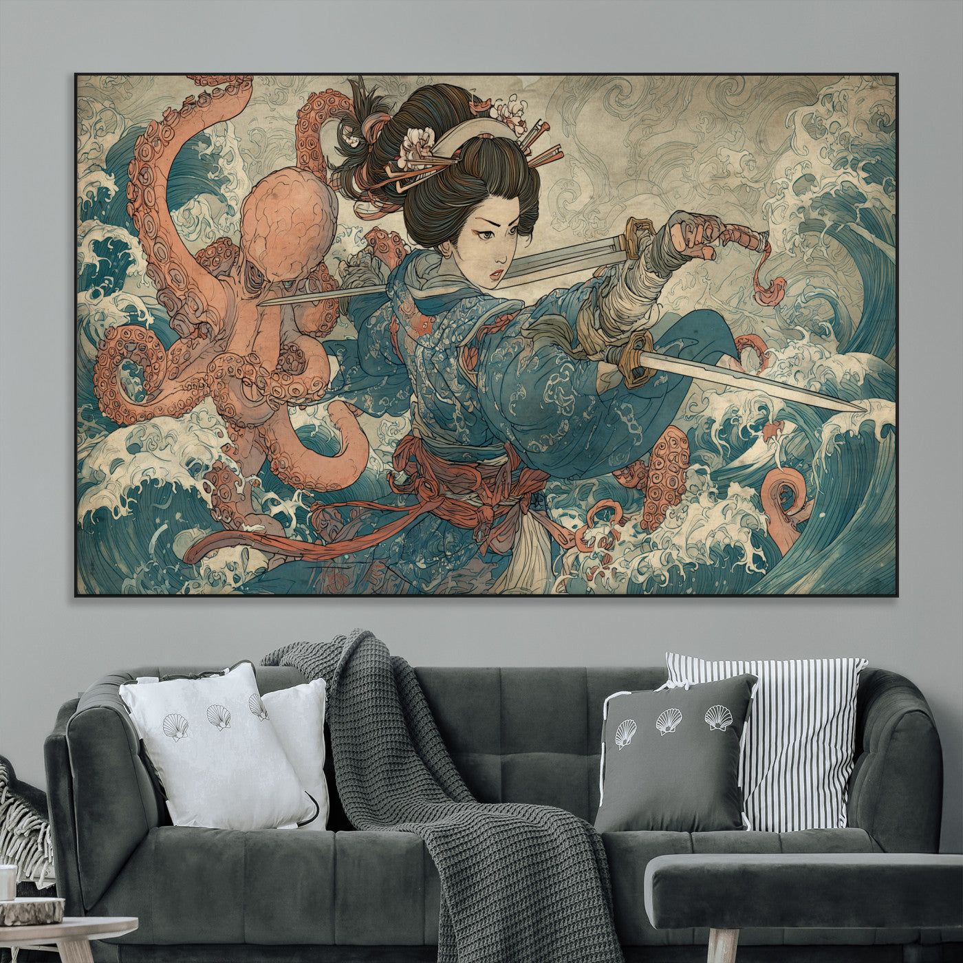 Tsukioka Yoshitoshi Samurai Wall Art Print, Japanese Katana Warrior Canvas Wall Art, Octopus Sea Monster Canvas Print,