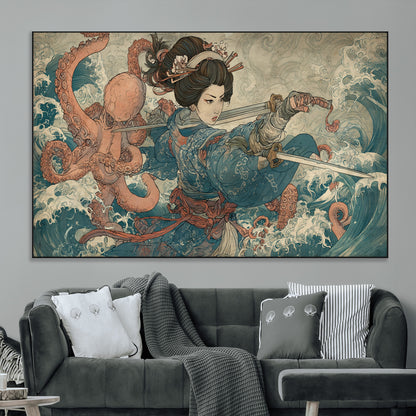 Tsukioka Yoshitoshi Samurai Wall Art Print, Japanese Katana Warrior Canvas Wall Art, Octopus Sea Monster Canvas Print,