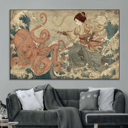 Tsukioka Yoshitoshi Samurai Wall Art Print, Japanese Katana Warrior Canvas Wall Art, Octopus Sea Monster Canvas Print,