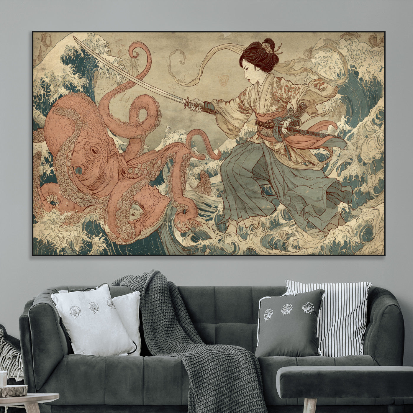 Tsukioka Yoshitoshi Samurai Wall Art Print, Japanese Katana Warrior Canvas Wall Art, Octopus Sea Monster Canvas Print,