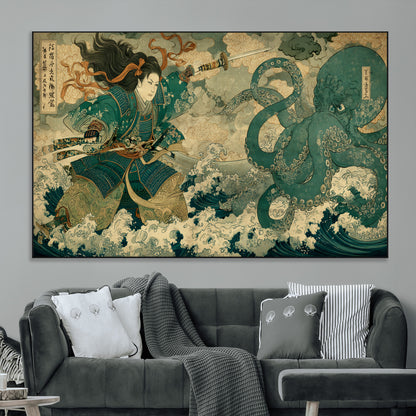 Tsukioka Yoshitoshi Samurai Wall Art Print, Japanese Katana Warrior Canvas Wall Art, Octopus Sea Monster Canvas Print,
