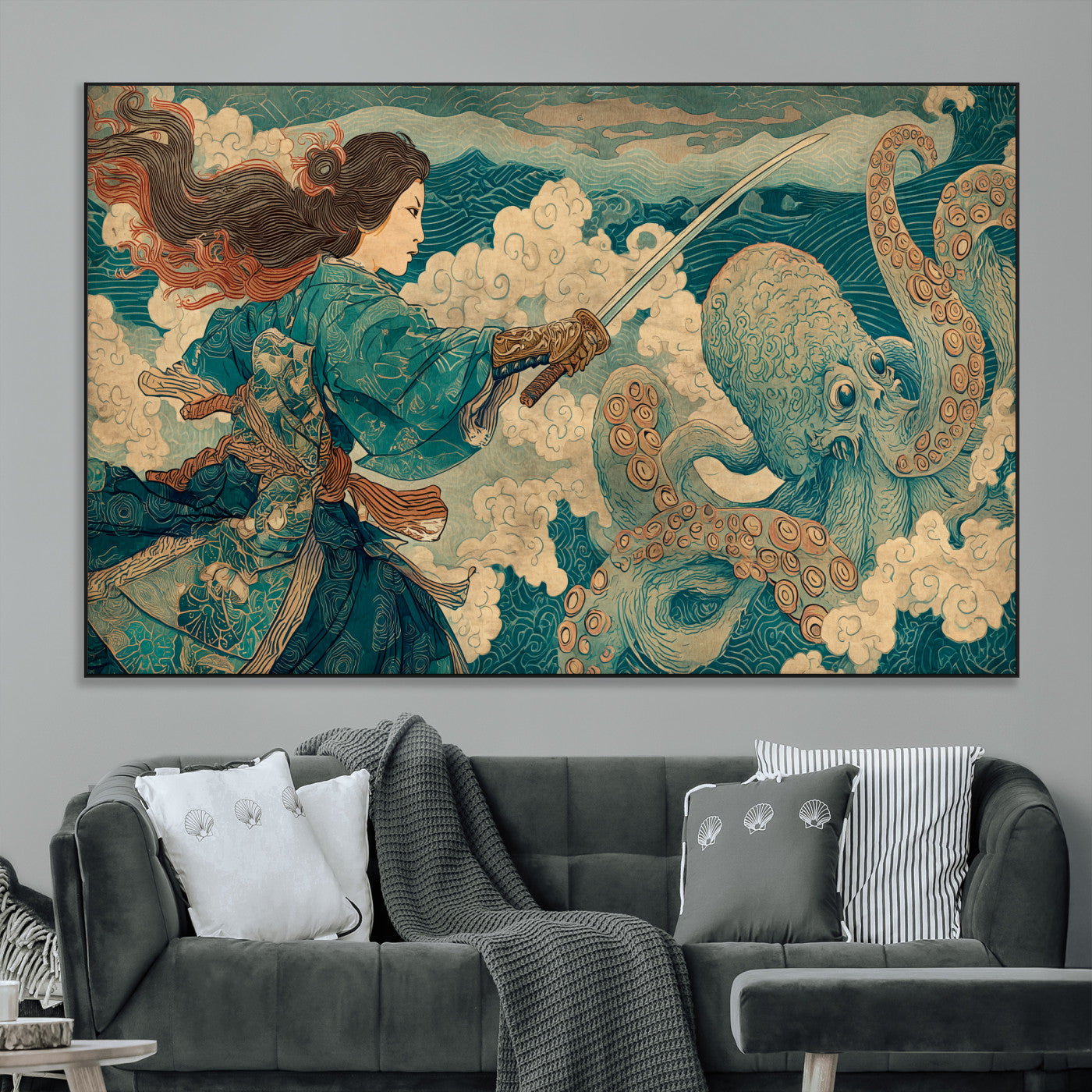 Tsukioka Yoshitoshi Samurai Wall Art Print, Japanese Katana Warrior Canvas Wall Art, Octopus Sea Monster Canvas Print,