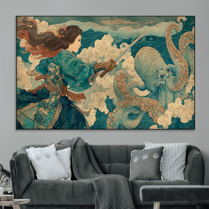 Tsukioka Yoshitoshi Samurai Wall Art Print, Japanese Katana Warrior Canvas Wall Art, Octopus Sea Monster Canvas Print,