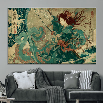 Tsukioka Yoshitoshi Samurai Wall Art Print, Japanese Katana Warrior Canvas Wall Art, Octopus Sea Monster Canvas Print,
