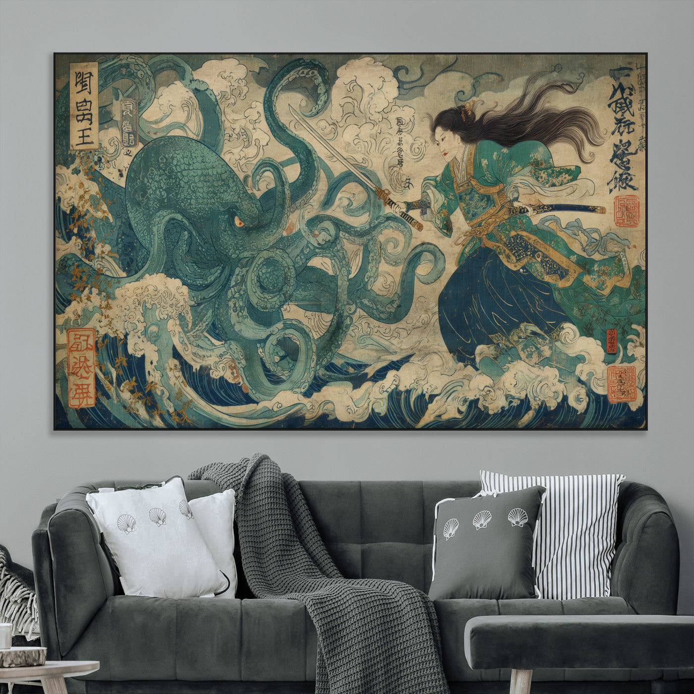 Tsukioka Yoshitoshi Samurai Wall Art Print, Japanese Katana Warrior Canvas Wall Art, Octopus Sea Monster Canvas Print,