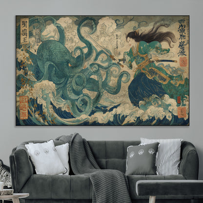 Tsukioka Yoshitoshi Samurai Wall Art Print, Japanese Katana Warrior Canvas Wall Art, Octopus Sea Monster Canvas Print,