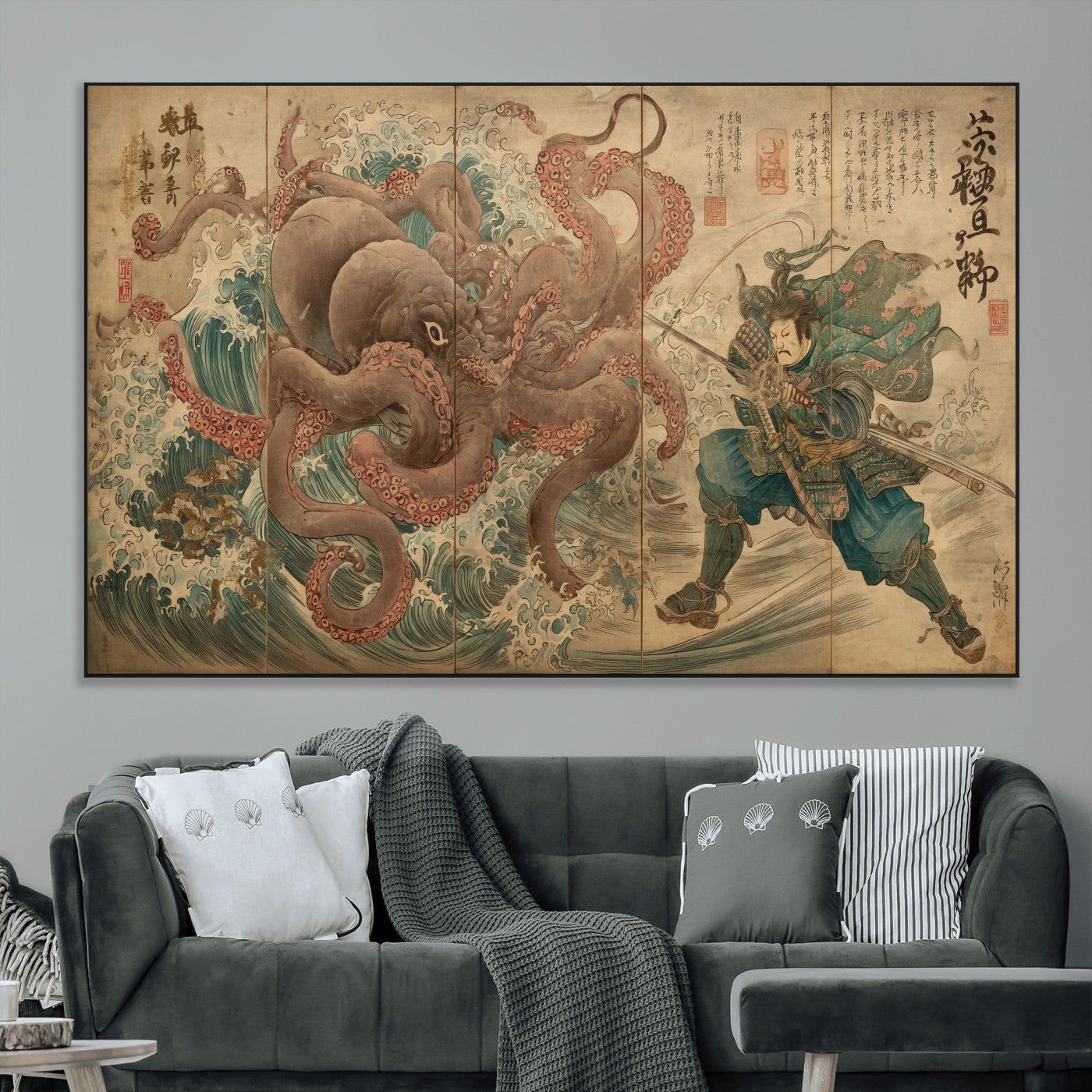 Tsukioka Yoshitoshi Samurai Wall Art Print, Japanese Katana Warrior Canvas Wall Art, Octopus Sea Monster Canvas Print,