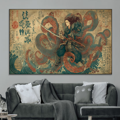 Tsukioka Yoshitoshi Samurai Wall Art Print, Japanese Katana Warrior Canvas Wall Art, Octopus Sea Monster Canvas Print,