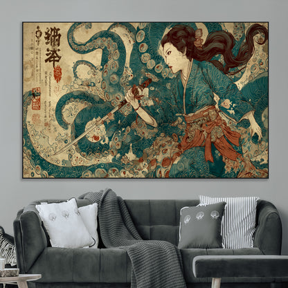 Tsukioka Yoshitoshi Samurai Wall Art Print, Japanese Katana Warrior Canvas Wall Art, Octopus Sea Monster Canvas Print,
