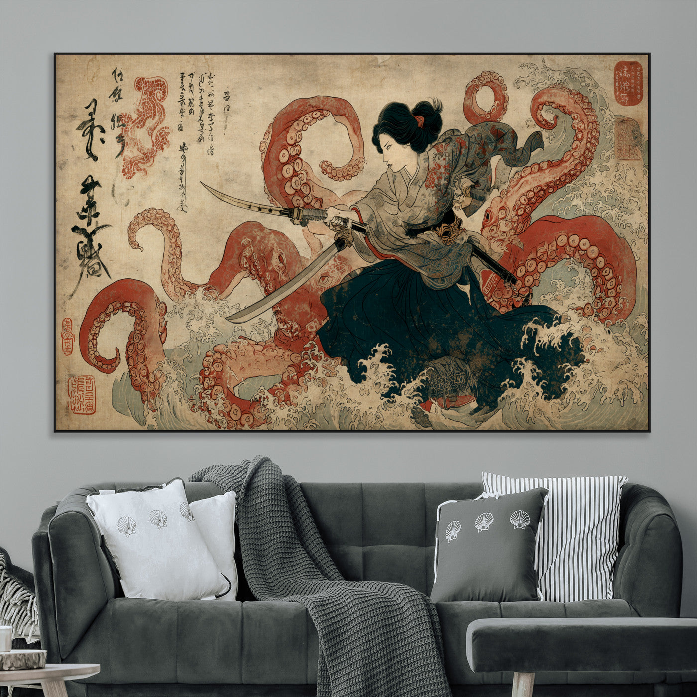 Tsukioka Yoshitoshi Samurai Wall Art Print, Japanese Katana Warrior Canvas Wall Art, Octopus Sea Monster Canvas Print,