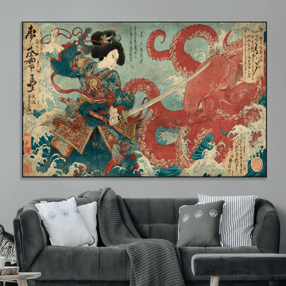 Tsukioka Yoshitoshi Samurai Wall Art Print, Japanese Katana Warrior Canvas Wall Art, Octopus Sea Monster Canvas Print,