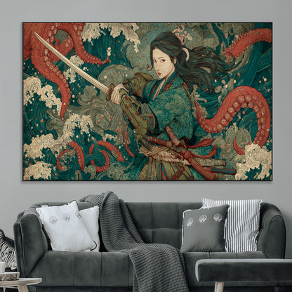 Tsukioka Yoshitoshi Samurai Wall Art Print, Japanese Katana Warrior Canvas Wall Art, Octopus Sea Monster Canvas Print,