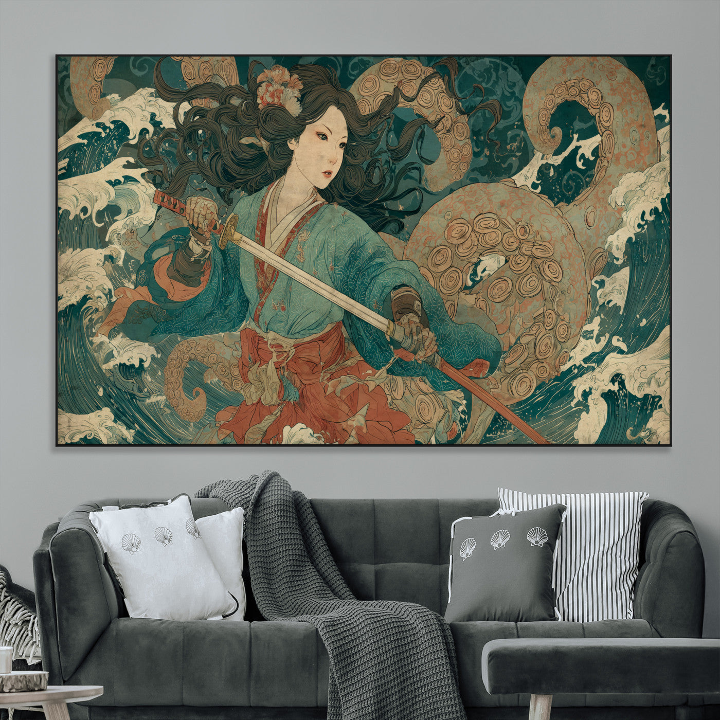 Tsukioka Yoshitoshi Samurai Wall Art Print, Japanese Katana Warrior Canvas Wall Art, Octopus Sea Monster Canvas Print,