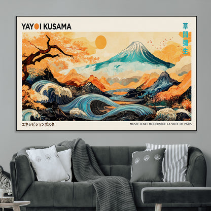 Modern Japanese-style art print featuring a stylized Mount Fuji, flowing waves, and vibrant landscapes in bold colors, inspired by traditional and contemporary aesthetics.