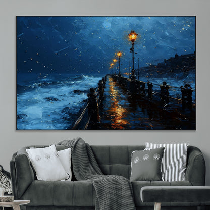 "Impressionistic painting of a rainy pier at night with glowing street lamps reflecting on the wet surface, ocean waves crashing under a dark blue sky."