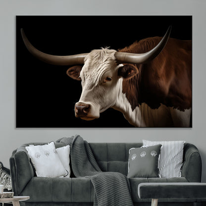 "Close-up of a brown and white longhorn cow with prominent curved horns against a black background."
