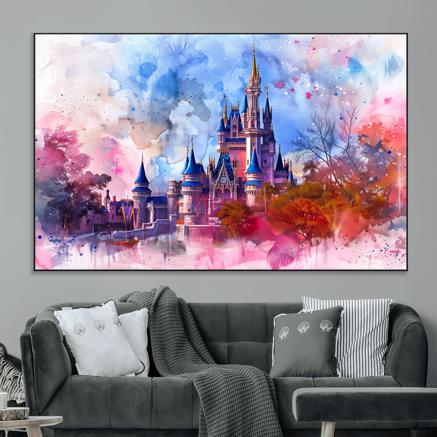 Watercolor canvas of a dreamy Disney-style castle in pastel pink and blue tones, perfect for fairytale or whimsical home decor.