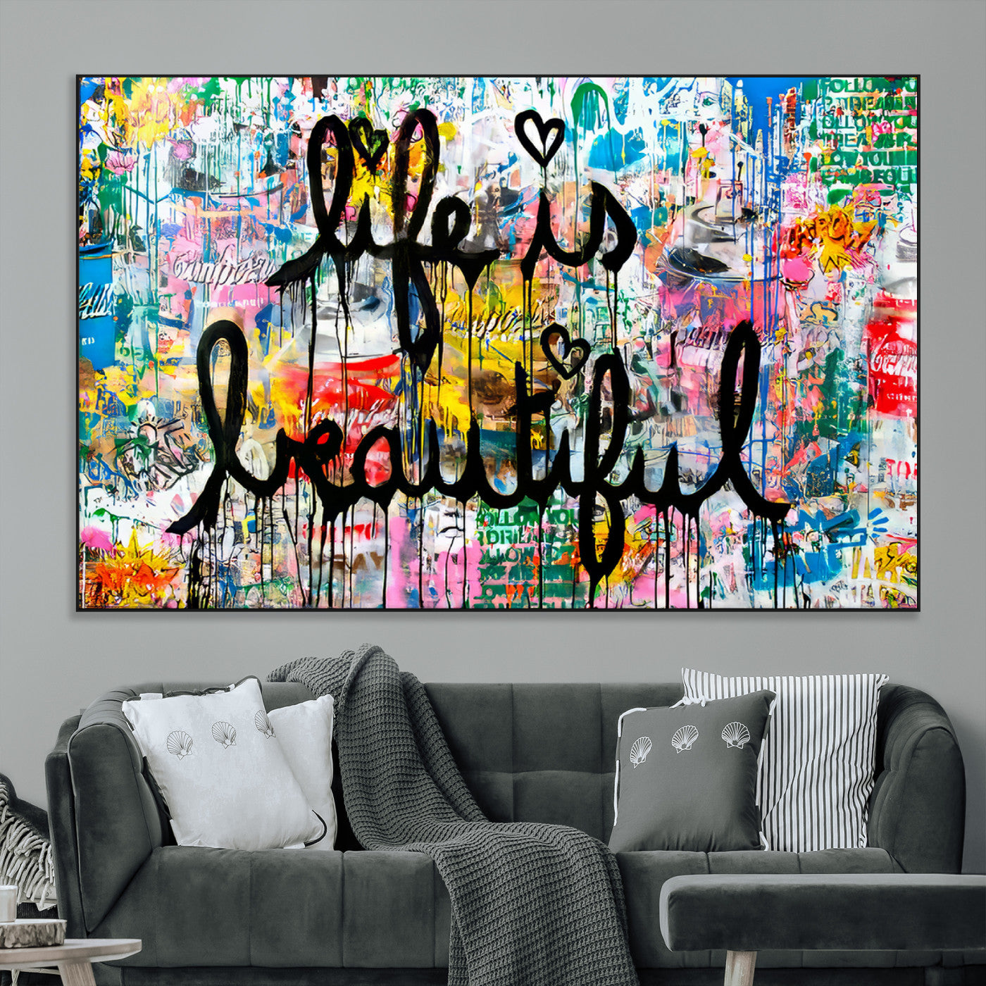 Colorful urban-style canvas with graffiti text “Life is Beautiful” in black paint, ideal for bold or street-themed home decor.