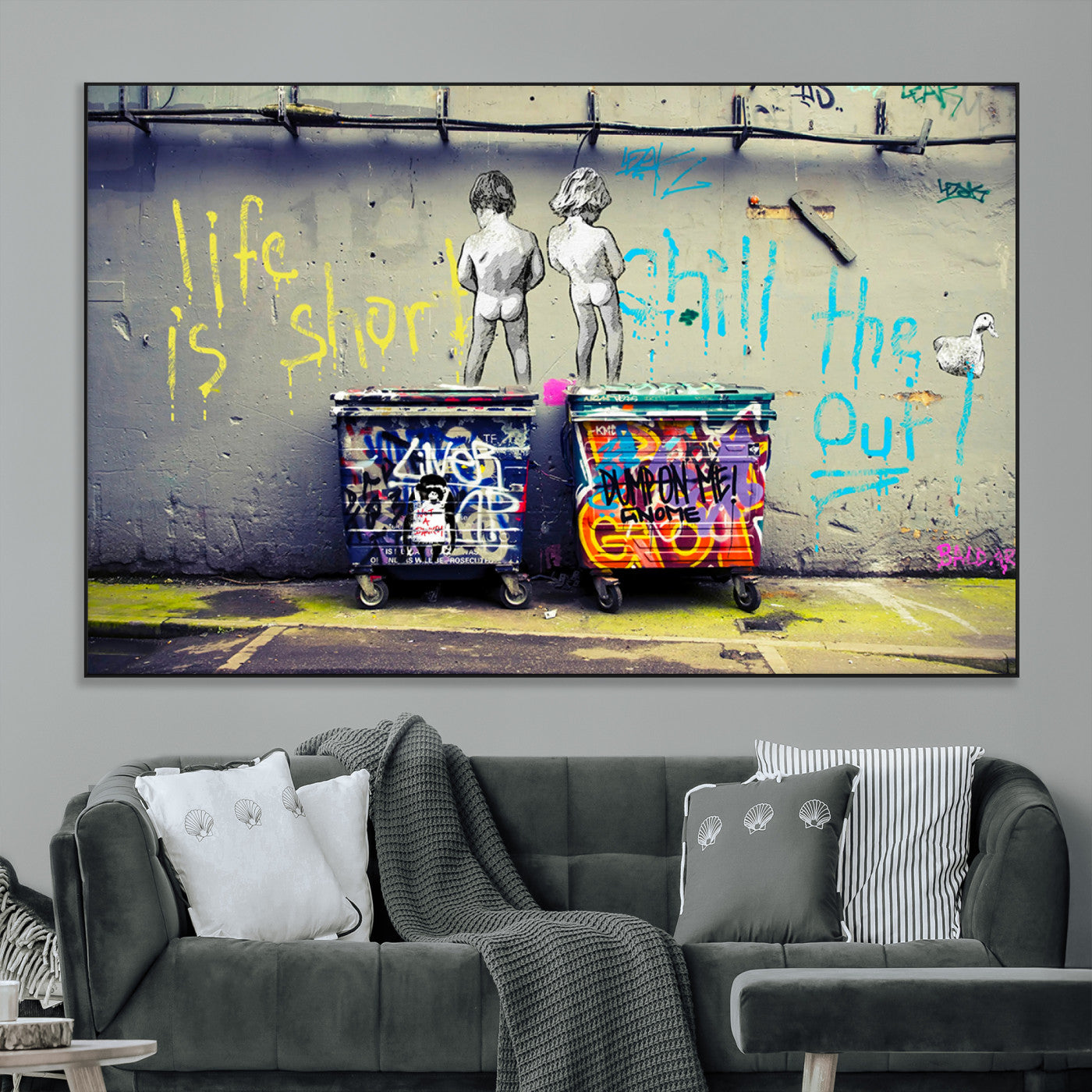 Graffiti-style canvas art with bold text and two naked figures over urban dumpsters, ideal for edgy or street-style decor.