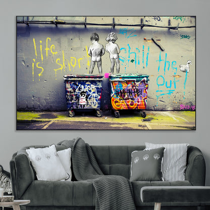 Graffiti-style canvas art with bold text and two naked figures over urban dumpsters, ideal for edgy or street-style decor.