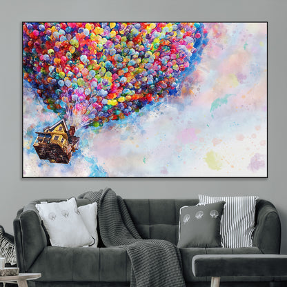 Whimsical canvas of the house from the movie Up flying with colorful balloons, ideal for Pixar or animation-themed decor.
