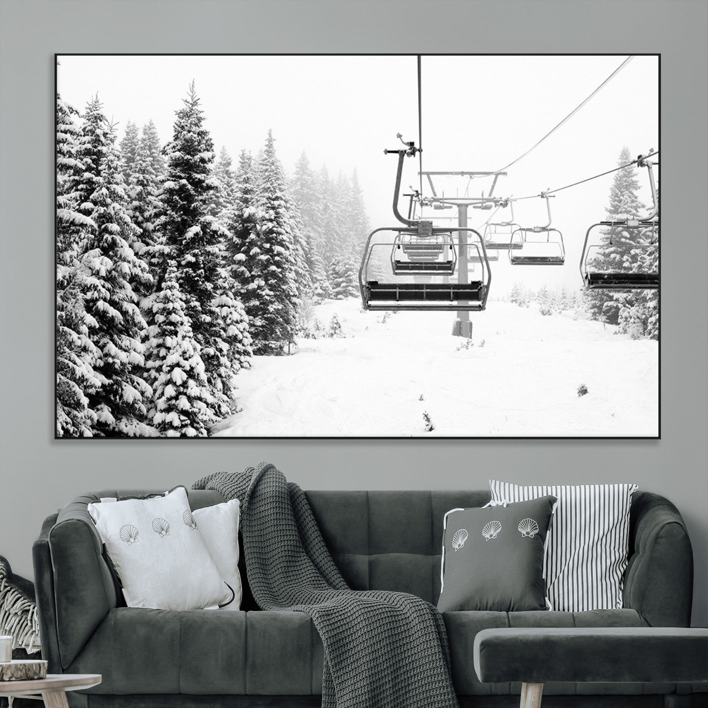 Black and white canvas of empty ski lifts over a snowy pine forest, perfect for minimal winter or ski lodge-inspired decor.