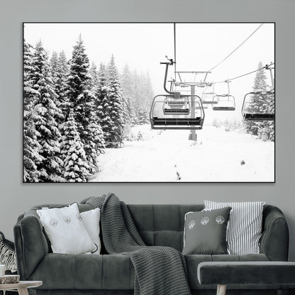Black and white canvas of empty ski lifts over a snowy pine forest, perfect for minimal winter or ski lodge-inspired decor.