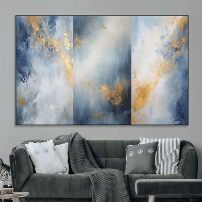 Abstract canvas art in soft blue and gold tones with textured brushstrokes, ideal for elegant or modern neutral decor spaces.