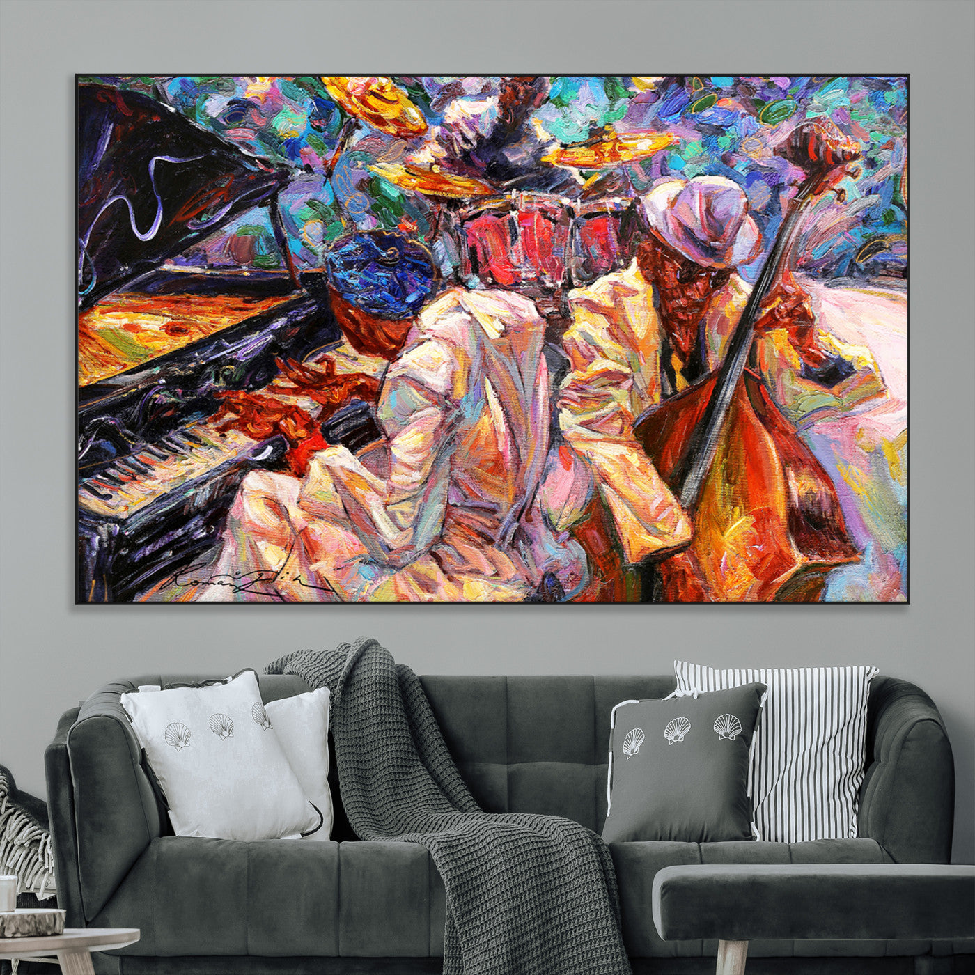 Vibrant oil painting of a jazz band with piano, saxophone, and bass, ideal for colorful and expressive music-themed home decor.