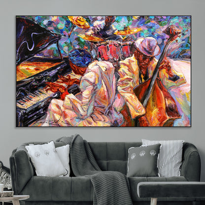 Vibrant oil painting of a jazz band with piano, saxophone, and bass, ideal for colorful and expressive music-themed home decor.